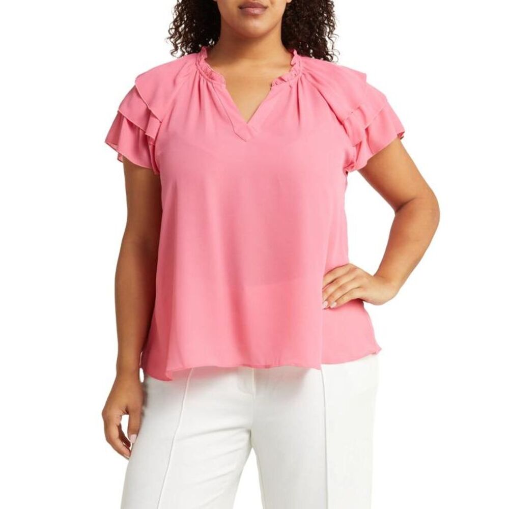 Nanette Lepore Women V-neck Triple Tier Sleeve Blouse Pink 1X
